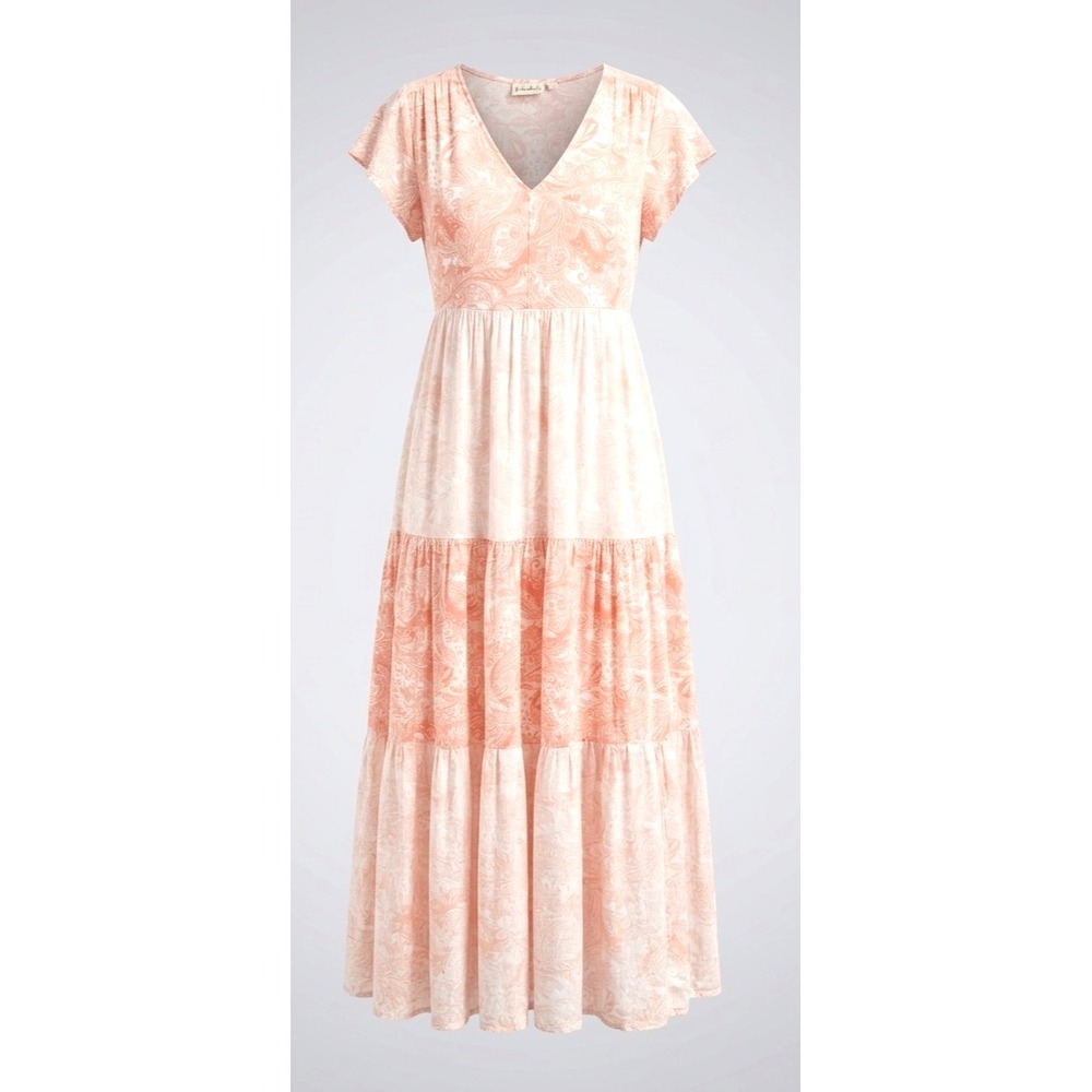 Wonderly Paisley Tiered Maxi Dress Boho Cottagecore Pink Peach V-Neck Peasant L